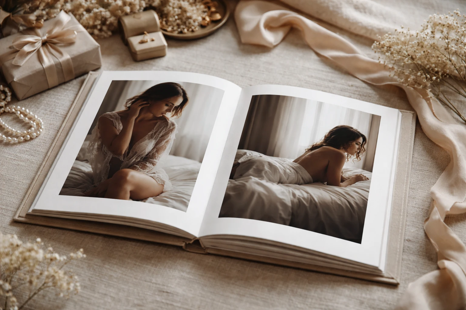 Buch Cover - Helle Boudoir-Fotografie einer Frau, liegend auf einem Bett, mit geschlossener Körperhaltung und ruhigem Blick