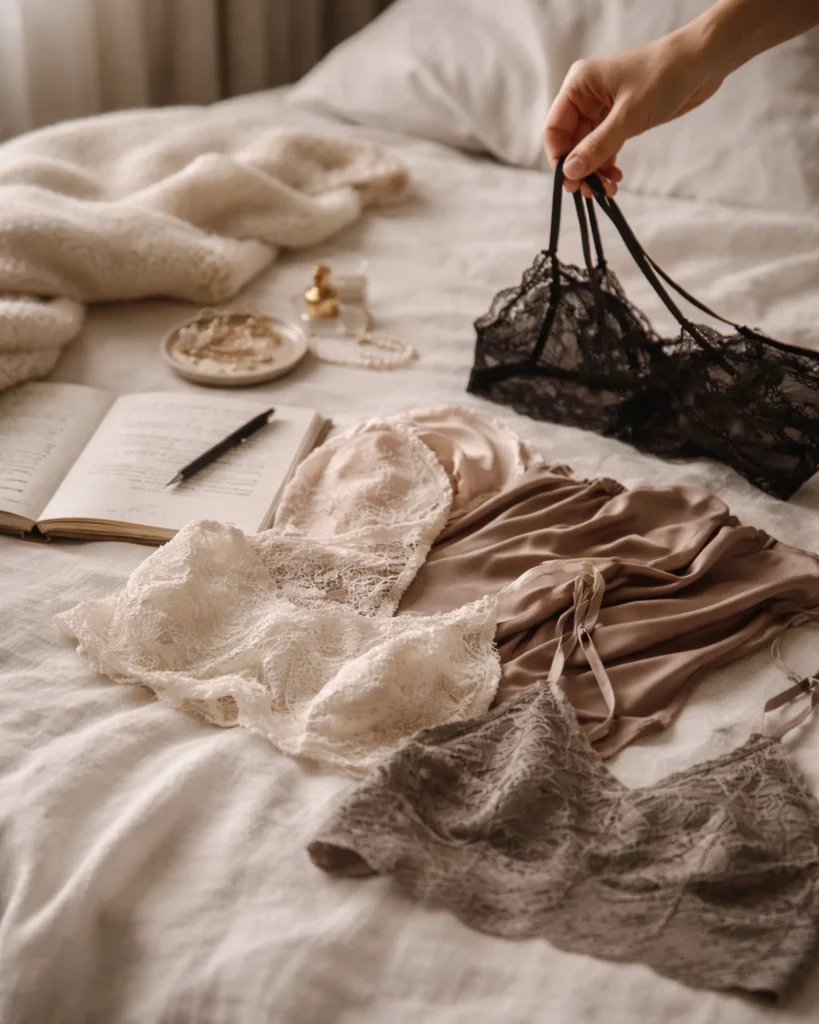 Vorbereitung auf ein Boudoir Shooting: Lingerie und Outfits liegen auf einem Bett, eine Hand wählt ein Spitzen-Bralette bei natürlichem Fensterlicht.
